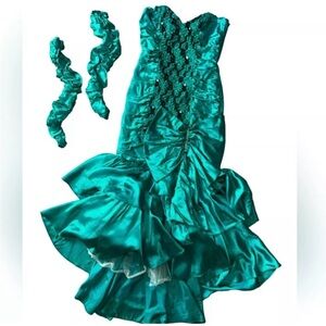 Vintage 1980s Strapless Beaded High Low Mermaid Prom Dress w/ Gloves